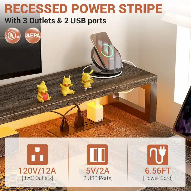 Reversible L Shaped Computer Desk with File Drawer  Long Monitor Stand  Charging Station & RGB LED Strips