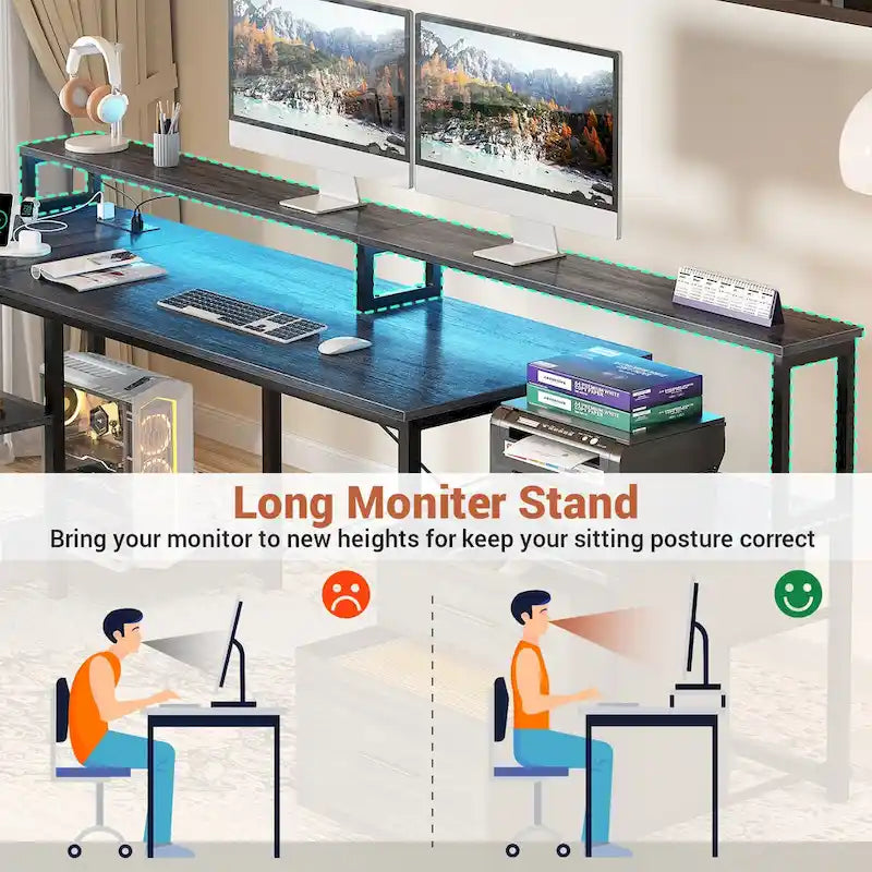 Reversible L Shaped Computer Desk with File Drawer  Long Monitor Stand  Charging Station & RGB LED Strips