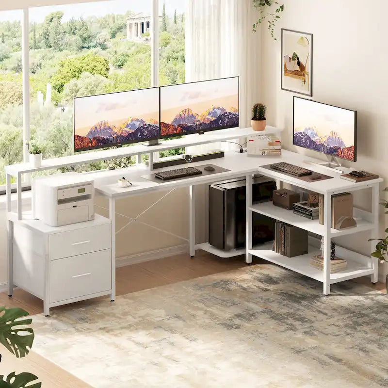 Reversible L Shaped Computer Desk with File Drawer  Long Monitor Stand  Charging Station & RGB LED Strips