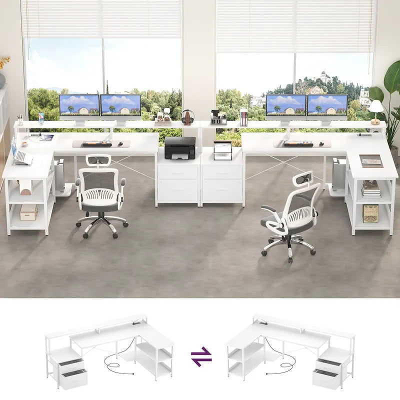 Reversible L Shaped Computer Desk with File Drawer  Long Monitor Stand  Charging Station & RGB LED Strips