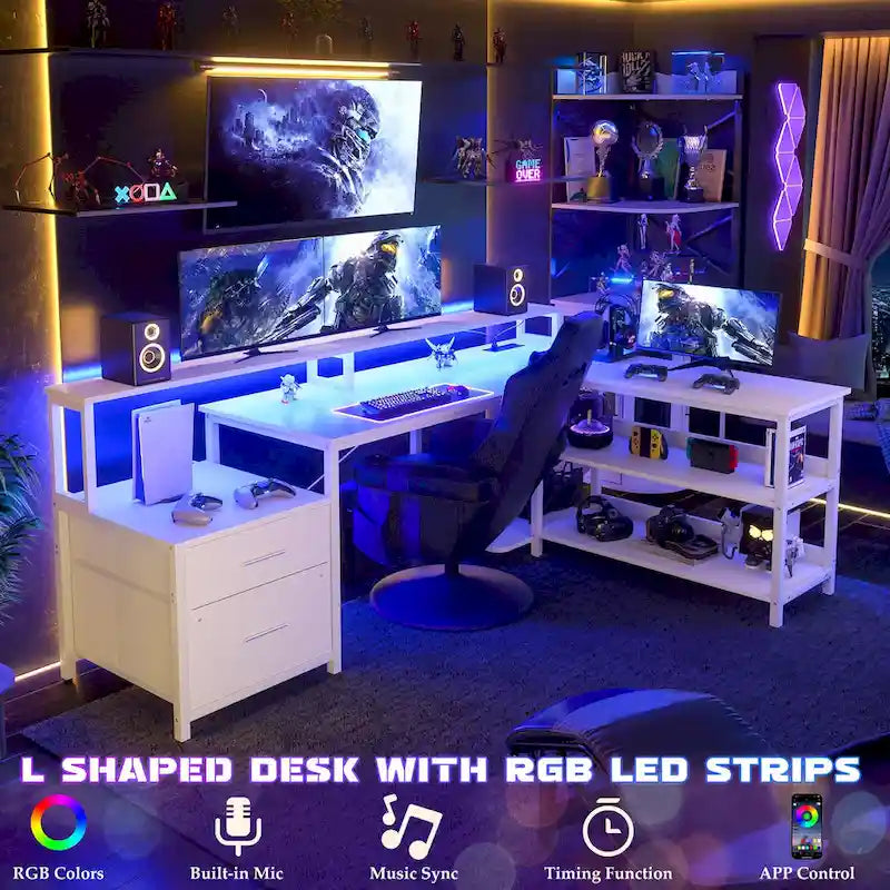 Reversible L Shaped Computer Desk with File Drawer  Long Monitor Stand  Charging Station & RGB LED Strips