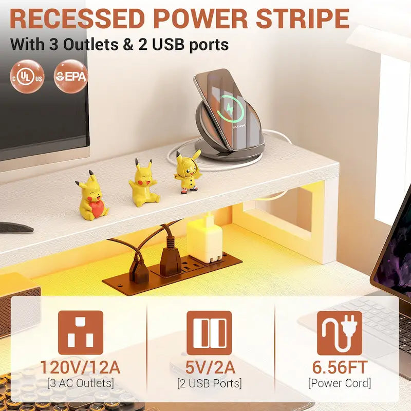 Reversible L Shaped Computer Desk with File Drawer  Long Monitor Stand  Charging Station & RGB LED Strips