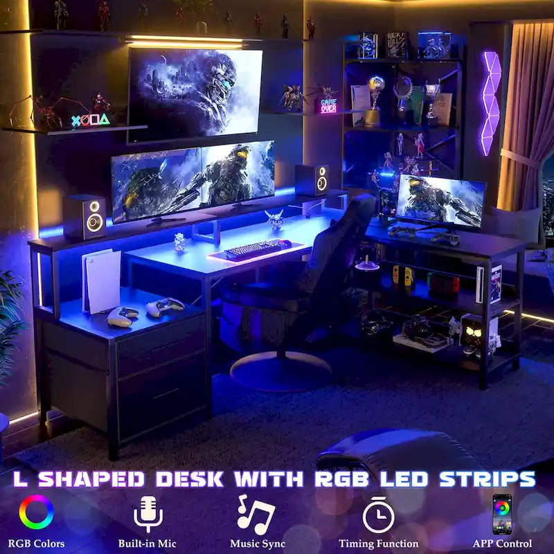 Reversible L Shaped Computer Desk with File Drawer  Long Monitor Stand  Charging Station & RGB LED Strips