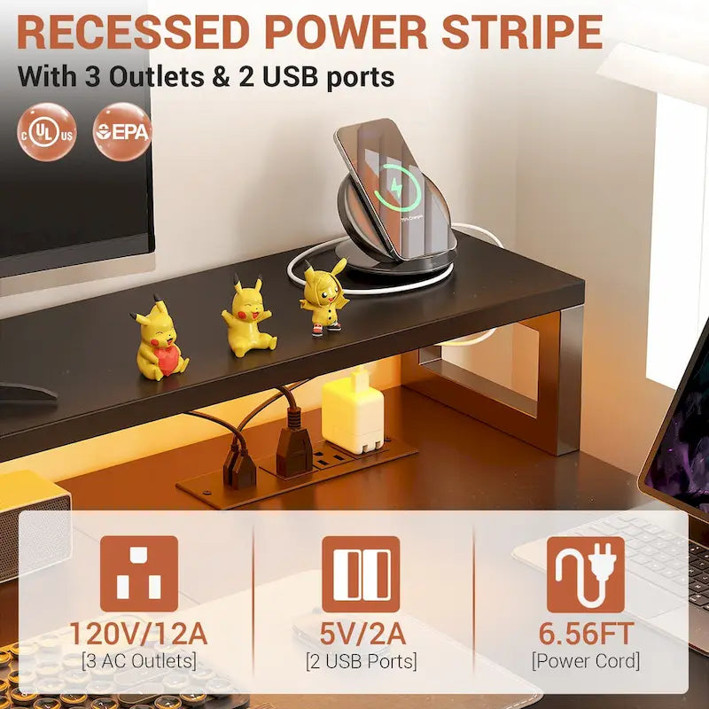 Reversible L Shaped Computer Desk with File Drawer  Long Monitor Stand  Charging Station & RGB LED Strips