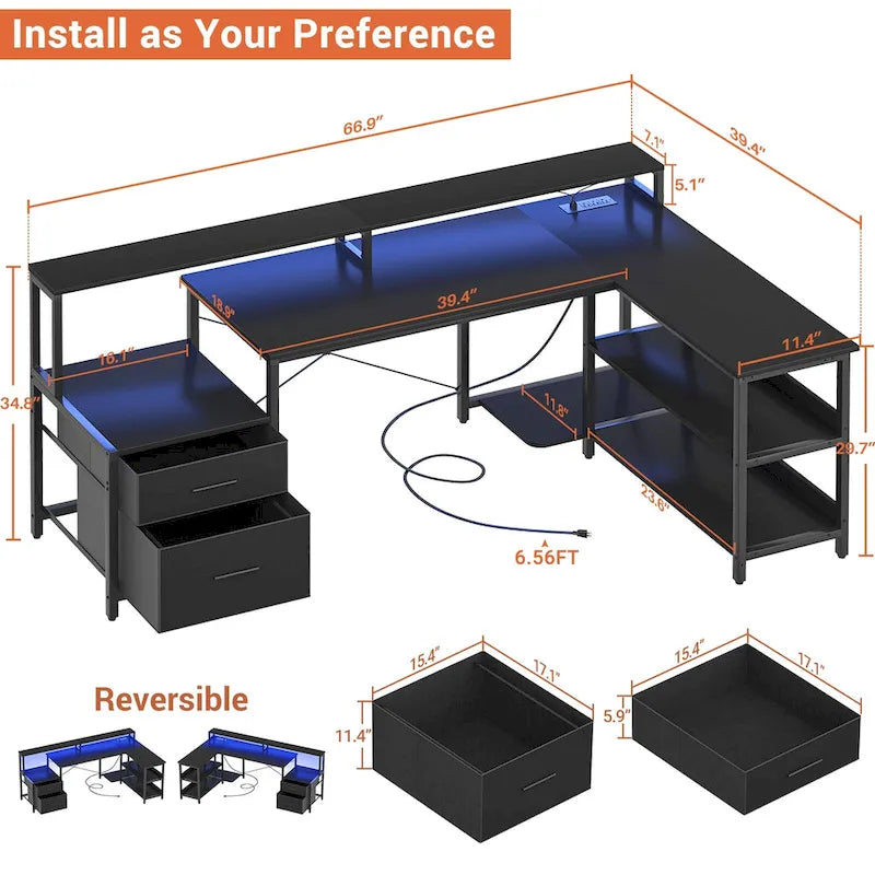 Reversible L Shaped Computer Desk with File Drawer  Long Monitor Stand  Charging Station & RGB LED Strips