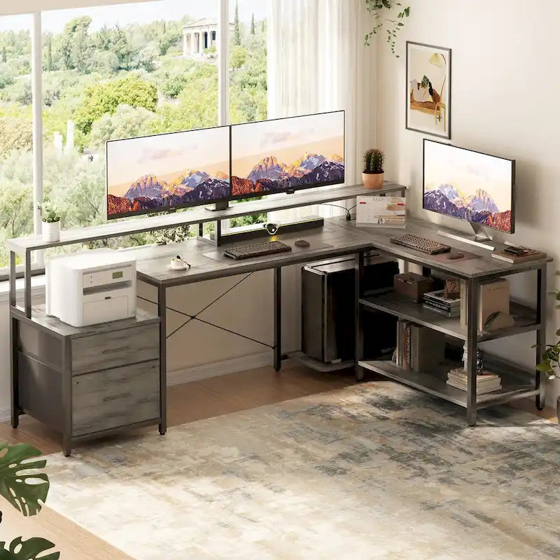 Reversible L Shaped Computer Desk with File Drawer  Long Monitor Stand  Charging Station & RGB LED Strips