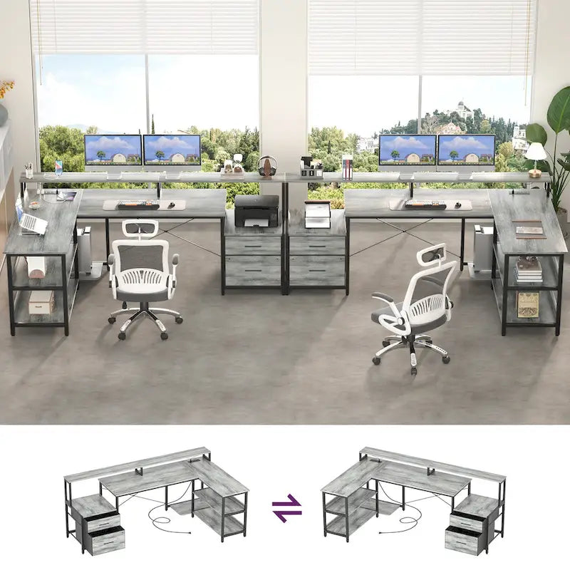 Reversible L Shaped Computer Desk with File Drawer  Long Monitor Stand  Charging Station & RGB LED Strips