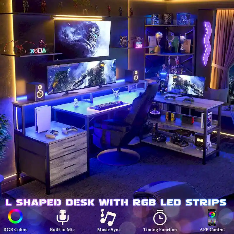 Reversible L Shaped Computer Desk with File Drawer  Long Monitor Stand  Charging Station & RGB LED Strips