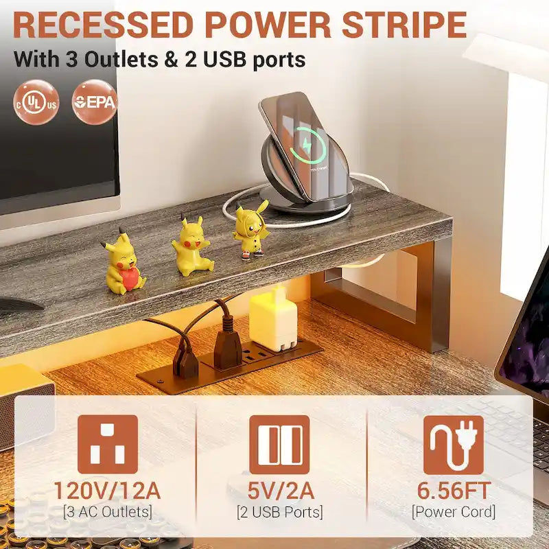 Reversible L Shaped Computer Desk with File Drawer  Long Monitor Stand  Charging Station & RGB LED Strips