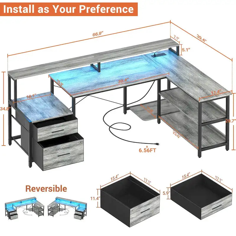 Reversible L Shaped Computer Desk with File Drawer  Long Monitor Stand  Charging Station & RGB LED Strips