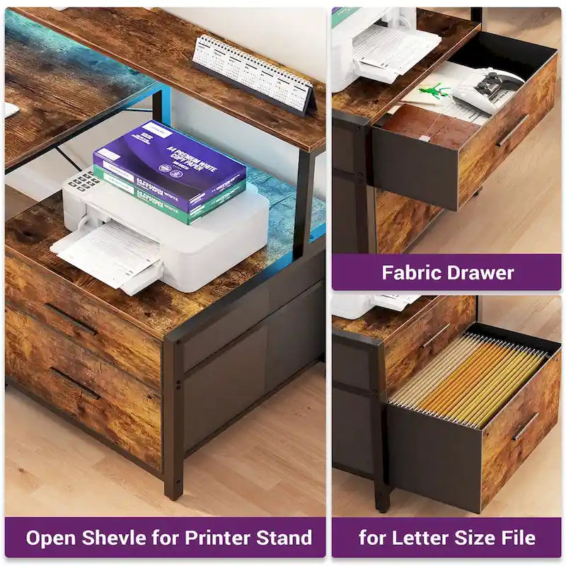 Reversible L Shaped Computer Desk with File Drawer  Long Monitor Stand  Charging Station & RGB LED Strips