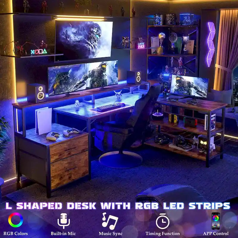 Reversible L Shaped Computer Desk with File Drawer  Long Monitor Stand  Charging Station & RGB LED Strips