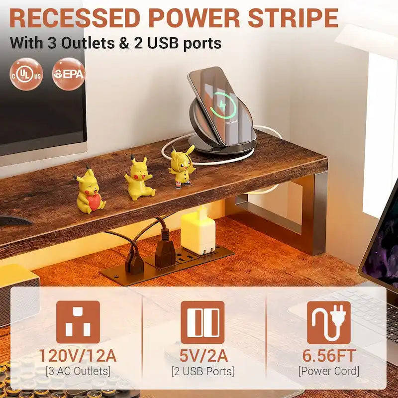 Reversible L Shaped Computer Desk with File Drawer  Long Monitor Stand  Charging Station & RGB LED Strips