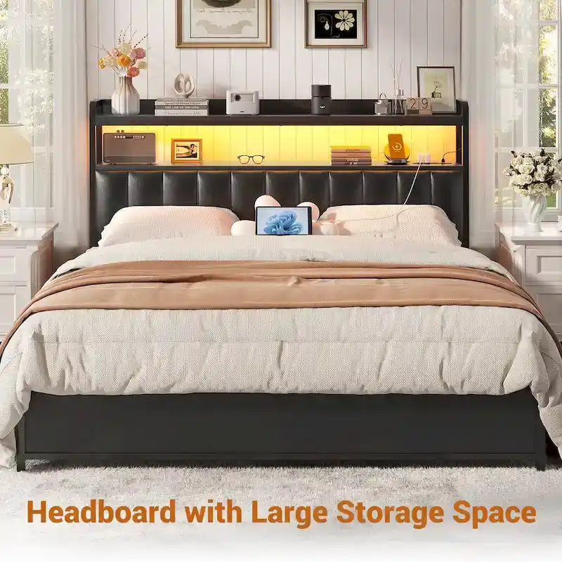 Upholstered Headboards with Charge Station and LED Light, Height Adjustable Head Board with Storage