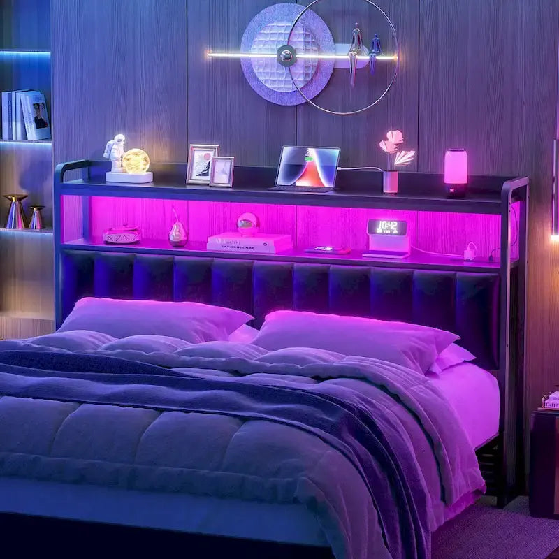 Upholstered Headboards with Charge Station and LED Light, Height Adjustable Head Board with Storage