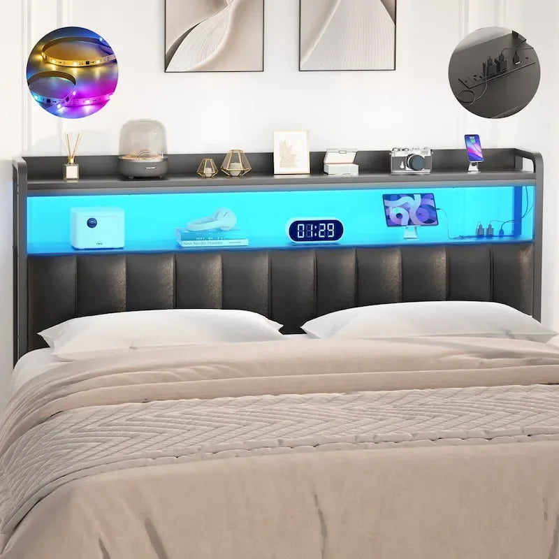 Upholstered Headboards with Charge Station and LED Light, Height Adjustable Head Board with Storage