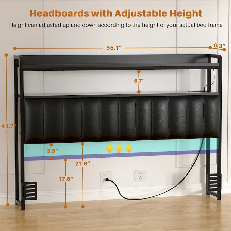 Upholstered Headboards with Charge Station and LED Light, Height Adjustable Head Board with Storage