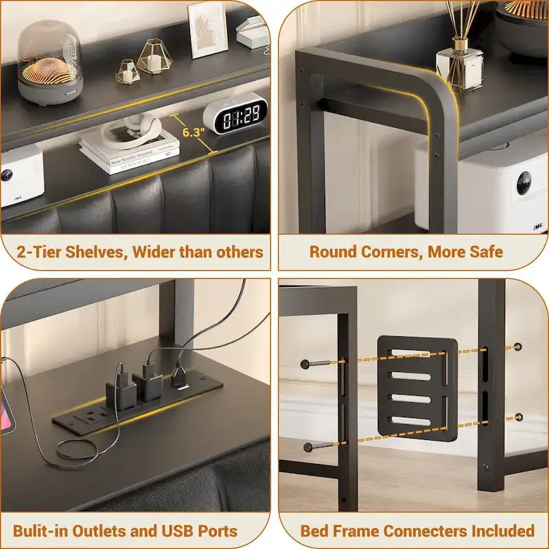 Upholstered Headboards with Charge Station and LED Light, Height Adjustable Head Board with Storage