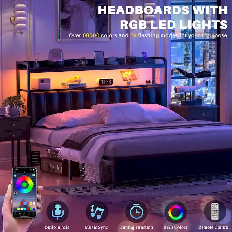 Upholstered Headboards with Charge Station and LED Light, Height Adjustable Head Board with Storage