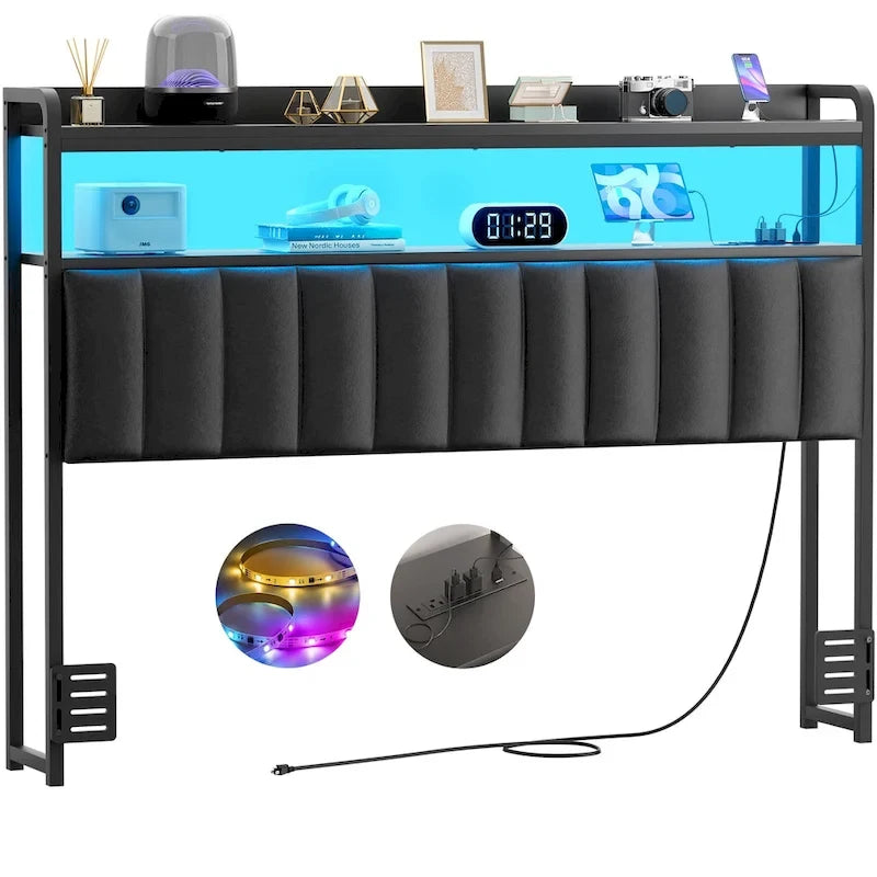 Upholstered Headboards with Charge Station and LED Light, Height Adjustable Head Board with Storage