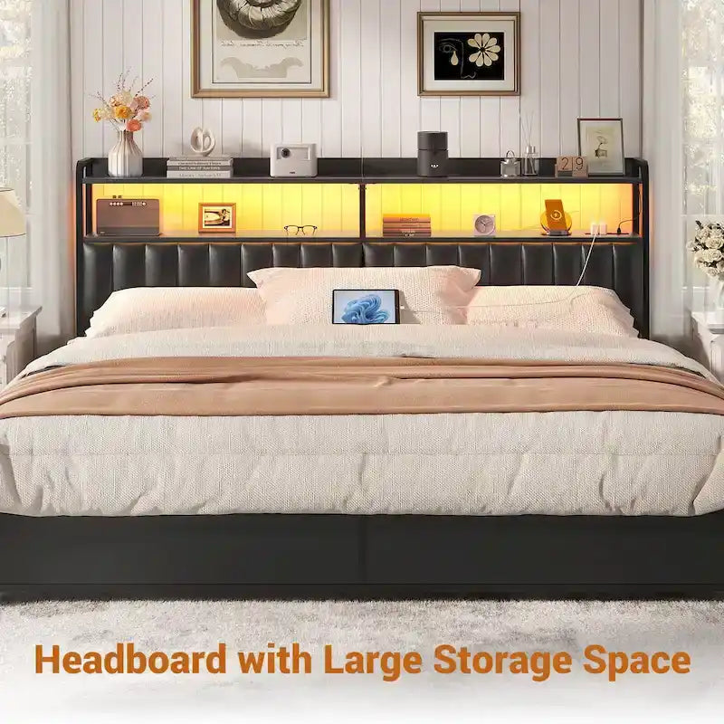 Upholstered Headboards with Charge Station and LED Light, Height Adjustable Head Board with Storage