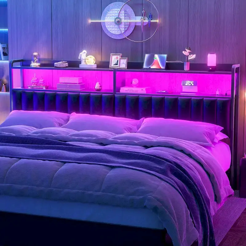 Upholstered Headboards with Charge Station and LED Light, Height Adjustable Head Board with Storage