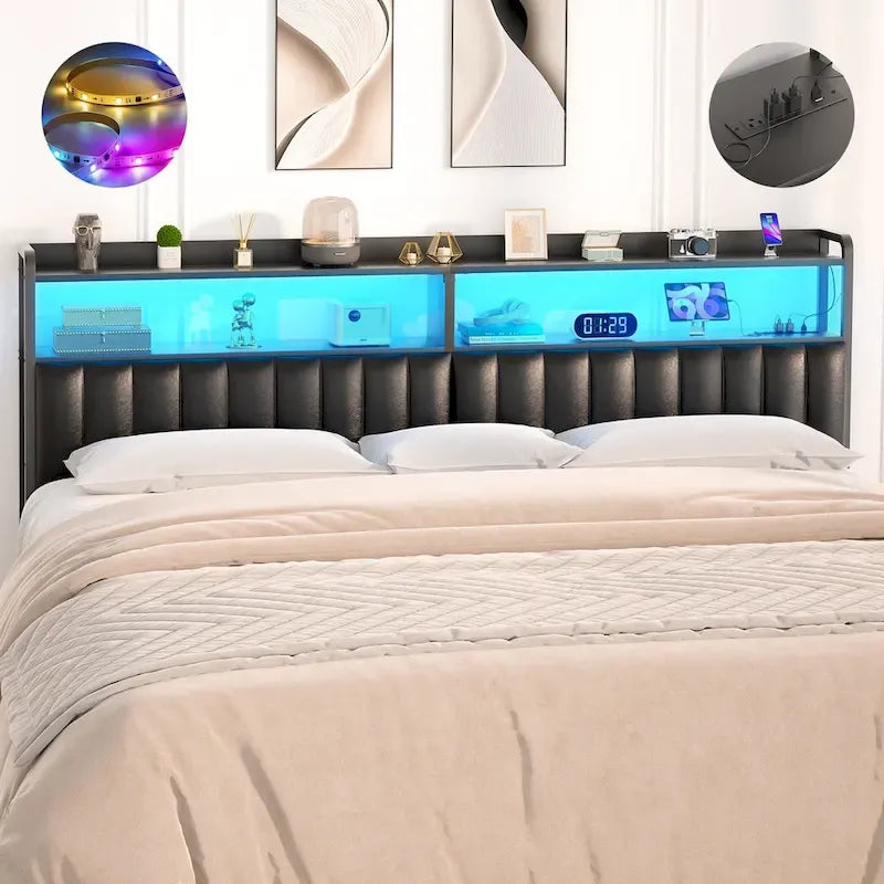 Upholstered Headboards with Charge Station and LED Light, Height Adjustable Head Board with Storage