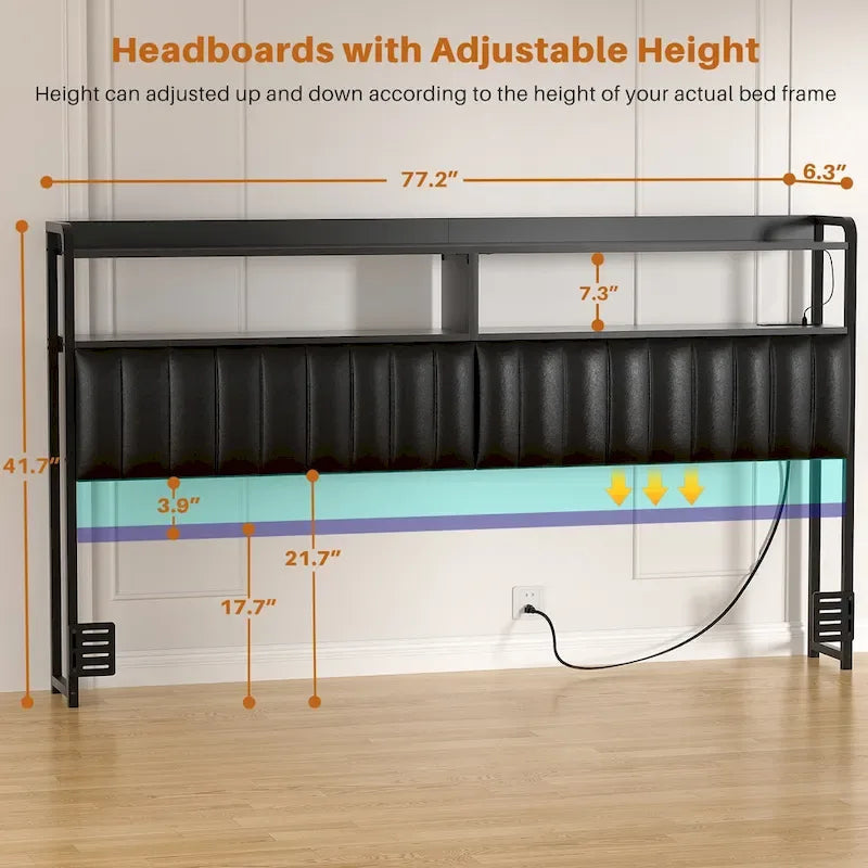 Upholstered Headboards with Charge Station and LED Light, Height Adjustable Head Board with Storage