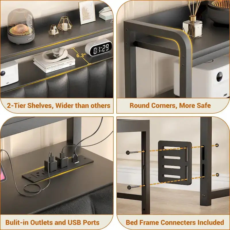 Upholstered Headboards with Charge Station and LED Light, Height Adjustable Head Board with Storage