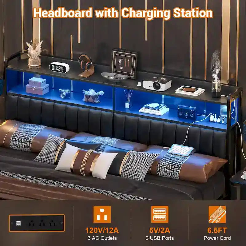 Upholstered Headboards with Charge Station and LED Light, Height Adjustable Head Board with Storage