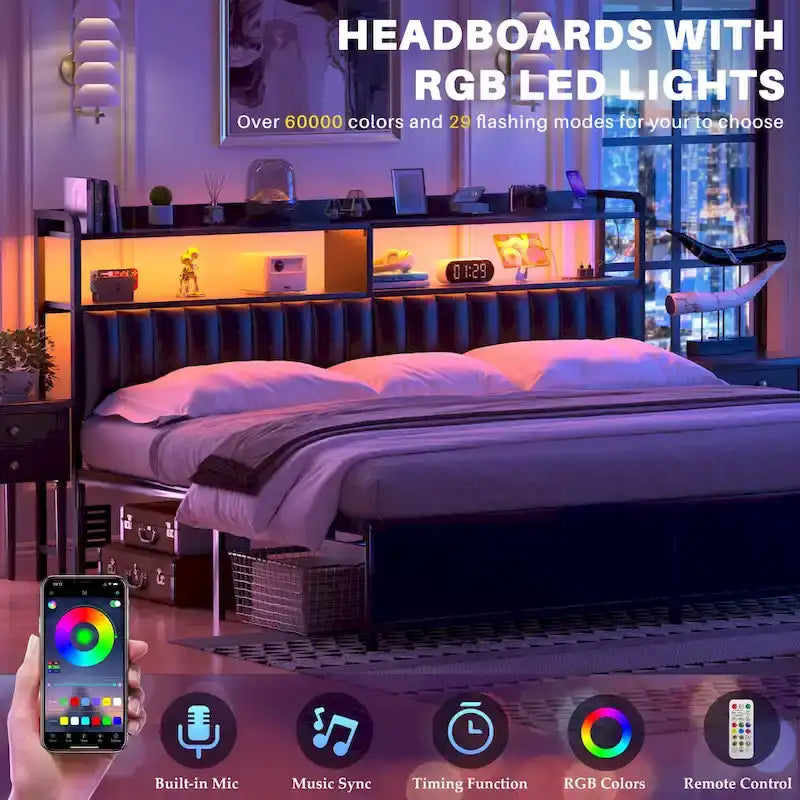 Upholstered Headboards with Charge Station and LED Light, Height Adjustable Head Board with Storage