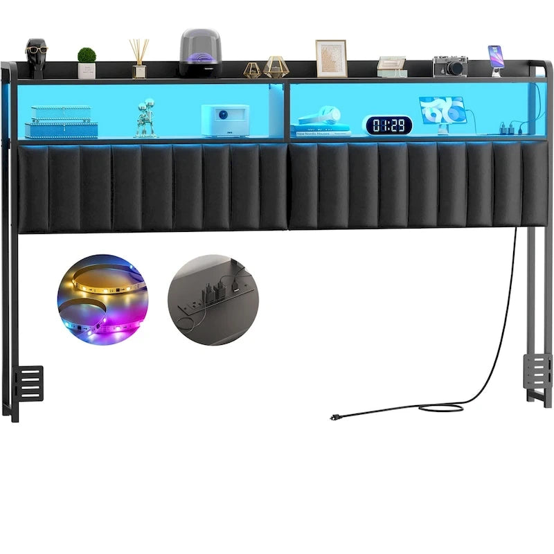 Upholstered Headboards with Charge Station and LED Light, Height Adjustable Head Board with Storage