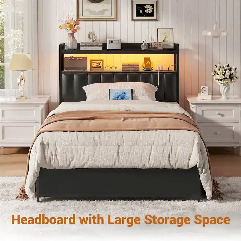 Upholstered Headboards with Charge Station and LED Light, Height Adjustable Head Board with Storage