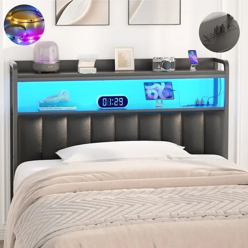 Upholstered Headboards with Charge Station and LED Light, Height Adjustable Head Board with Storage