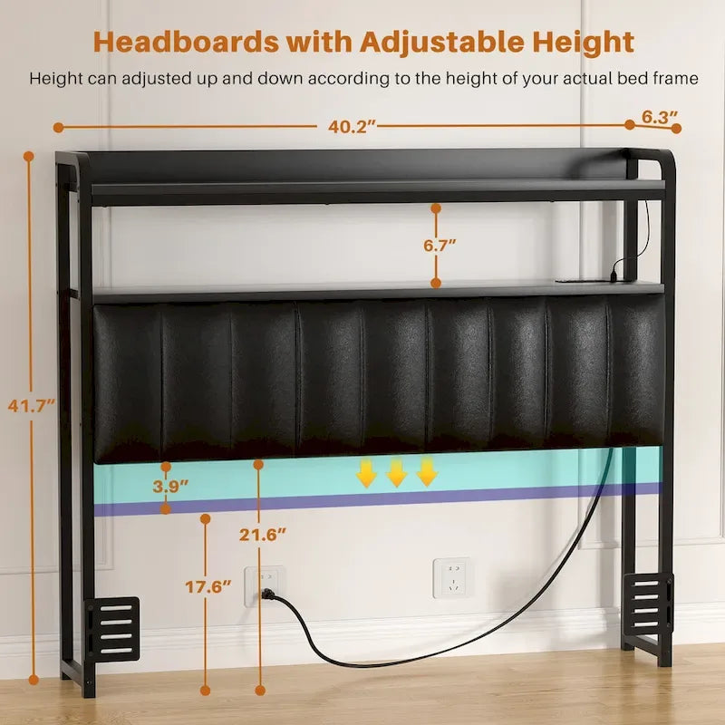 Upholstered Headboards with Charge Station and LED Light, Height Adjustable Head Board with Storage