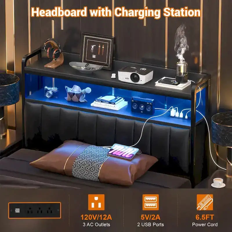 Upholstered Headboards with Charge Station and LED Light, Height Adjustable Head Board with Storage