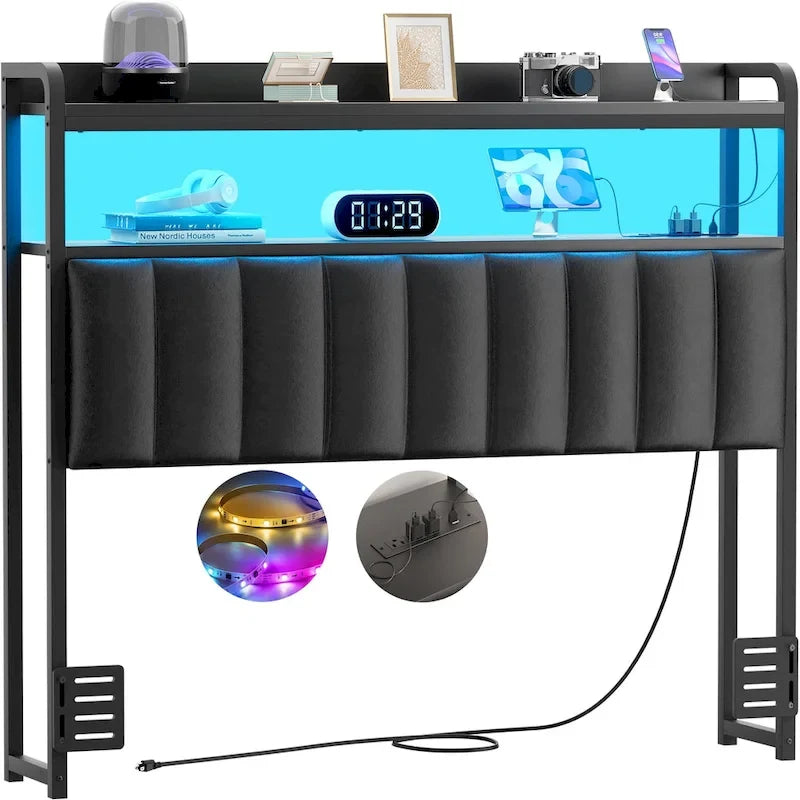 Upholstered Headboards with Charge Station and LED Light, Height Adjustable Head Board with Storage