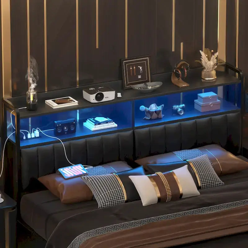 Upholstered Headboards with Charge Station and LED Light, Height Adjustable Head Board with Storage