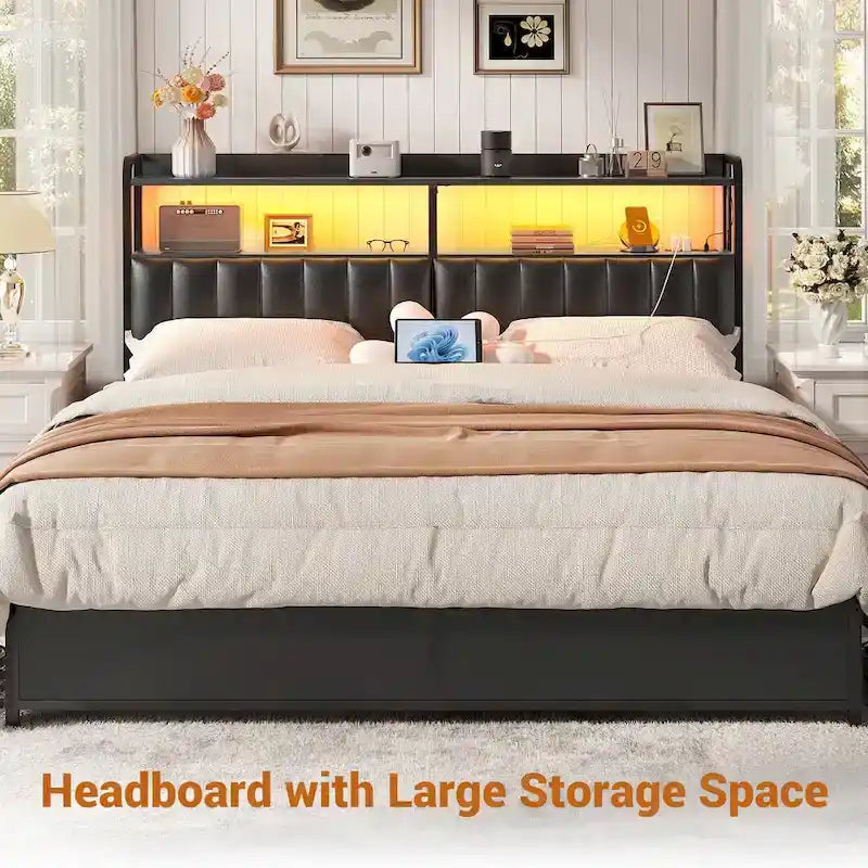 Upholstered Headboards with Charge Station and LED Light, Height Adjustable Head Board with Storage