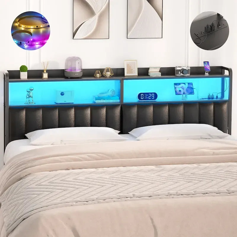 Upholstered Headboards with Charge Station and LED Light, Height Adjustable Head Board with Storage