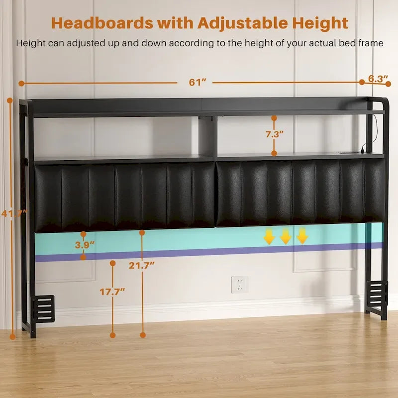 Upholstered Headboards with Charge Station and LED Light, Height Adjustable Head Board with Storage