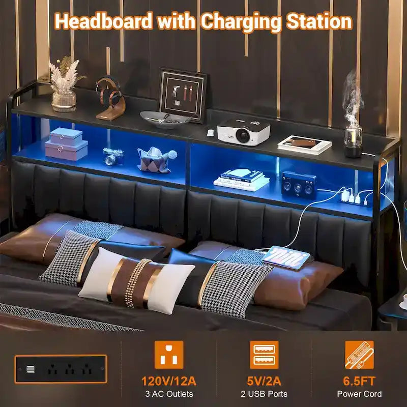 Upholstered Headboards with Charge Station and LED Light, Height Adjustable Head Board with Storage