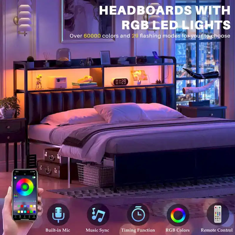 Upholstered Headboards with Charge Station and LED Light, Height Adjustable Head Board with Storage