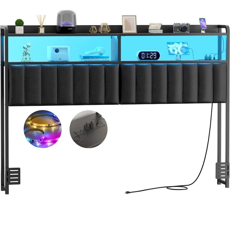 Upholstered Headboards with Charge Station and LED Light, Height Adjustable Head Board with Storage