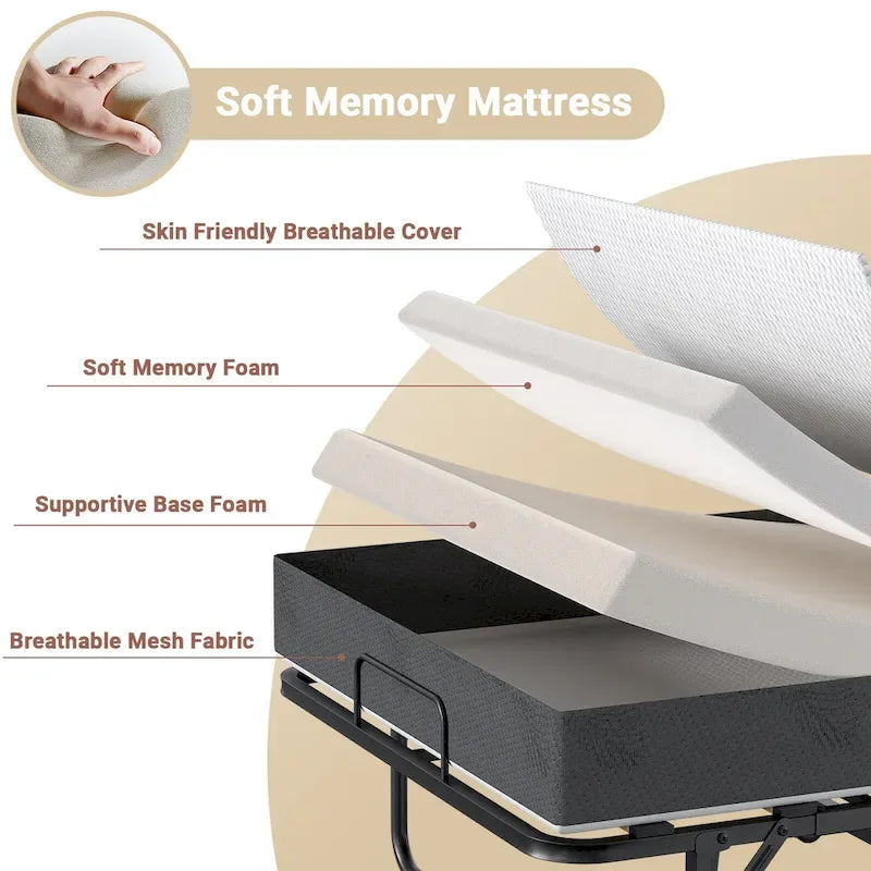 Folding Bed with 5 Inch Memory Foam Mattress, Small Single Bed Extra Guest Bed with Wheel