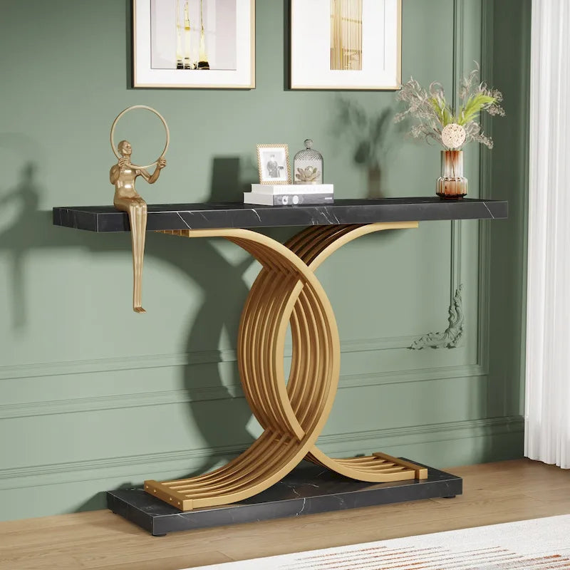 Black/ Gold Modern Sofa Table with Faux Marble Tabletop, 39 Inches Wood Foyer Table with Geometric Metal Legs for Entryway