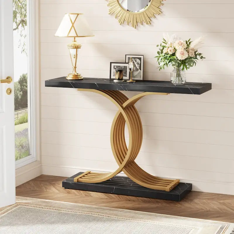 Black/ Gold Modern Sofa Table with Faux Marble Tabletop, 39 Inches Wood Foyer Table with Geometric Metal Legs for Entryway