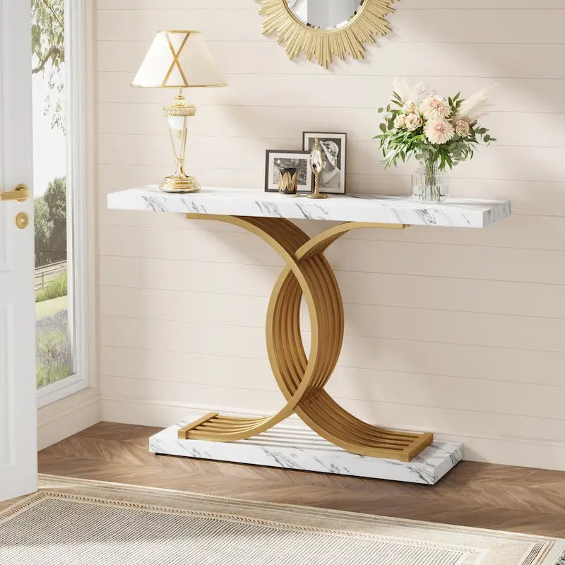 Black/ Gold Modern Sofa Table with Faux Marble Tabletop, 39 Inches Wood Foyer Table with Geometric Metal Legs for Entryway