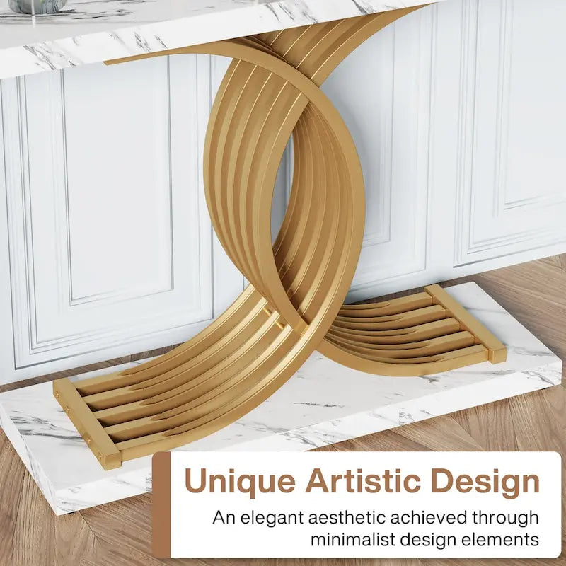 Black/ Gold Modern Sofa Table with Faux Marble Tabletop, 39 Inches Wood Foyer Table with Geometric Metal Legs for Entryway