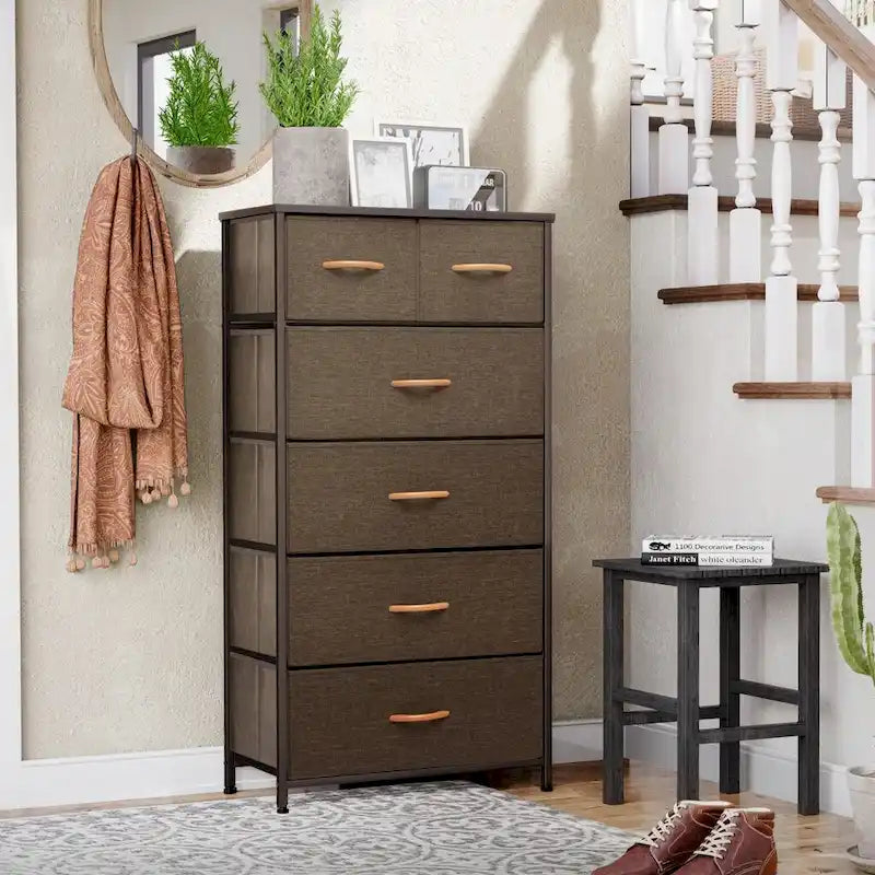 23 Brown Steel and Fabric Six Drawer Combo Dresser